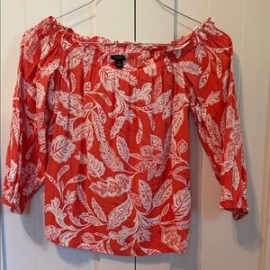 Off-Shoulder Floral Peasant Top - Rusty Orange & White